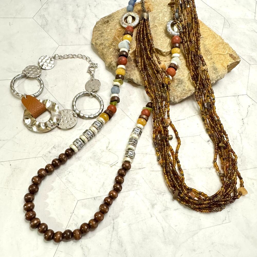 Fall Color Necklace & Bracelet Set Wood Faux Leather Stone Seed Bead Silver Tone